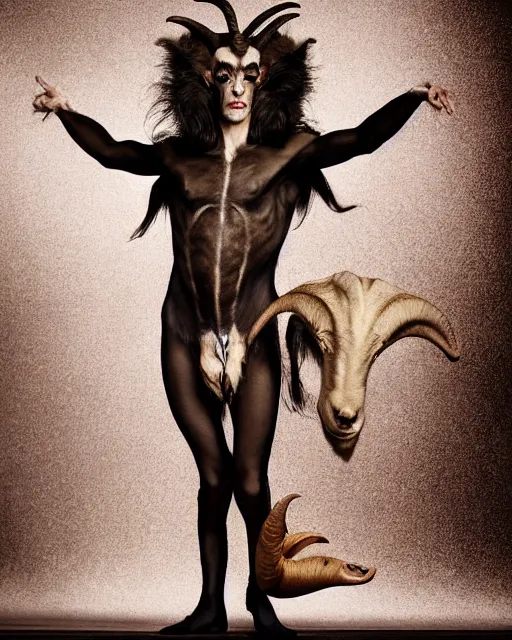 Image similar to actor Mick Jagger in Elaborate Pan Satyr Goat Man Makeup and prosthetics with large goat ears designed by Rick Baker, Hyperreal, Head Shots Photographed in the Style of Annie Leibovitz, Studio Lighting