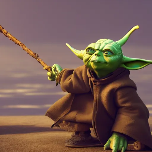 Image similar to Yoda smacking a seagull with a stick, hyperdetailed, artstation, cgsociety, 8k