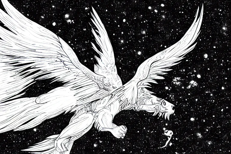 Prompt: angelic majestic winged lioness flying in outer space, black and white ink on paper, thick thick thick outlines, 8k high quality detailed character art, trending on art station and cgsociety, super wide angel, manga art, octane, by Eiichiro Oda