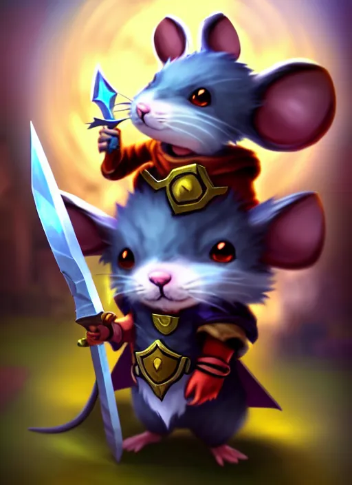 Image similar to a cute mouse boy furry with a sword and shield. league of legends splash art