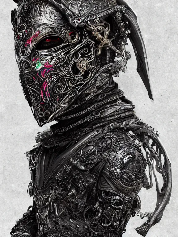 Prompt: portrait art of 8k ultra realistic cloaked assassin ,intricate black mask, detailed intricate ornate armour,decaying, cybernetic, full of colour, cinematic lighting, battered, trending on artstation, 4k, hyperrealistic, focused, extreme details,unreal engine 5, cinematic, masterpiece, art by ayami kojima, giger