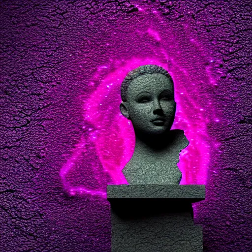 Image similar to 3D statue!!!, purple shattered paint!, glowing lava!!!, conglomerate!, slush!!, organized composition!, abstract!, black backdrop!, 4k!, award-winning photo!!!!