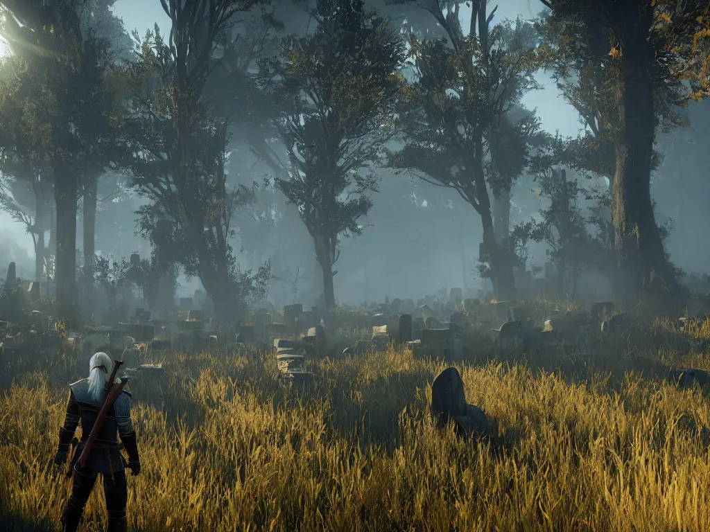 Prompt: beautiful the witcher 5 mod adds full global illumination, murky graveyard, sunbeams, volumetric fog, atmospheric scattering, water caustics and physics, unreal engine 5, filmic bloom, rtx mod, ultra high extreme settings, realism mod, realistic light propagation, amazing landscape