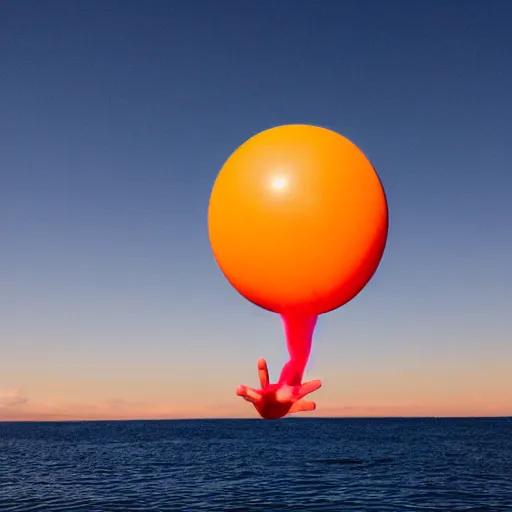 Image similar to a human hand with five fingers holding a yellow balloon sticking out of the ocean with a red sky in the background by chris bilheimer