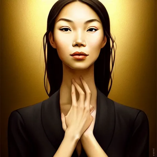 Prompt: beautiful portrait of an enthusiastic, dainty, slim, delighted vietnamese, ( waitress ) girl, stunning, intelligent, fashionable, vivid!!, sharp, crisp, ultra ambient occlusion, reflective, universal shadowing, fantasy art, extremely even lighting, art by wlop, vladimir kush!!, ilya, yasar vurdem