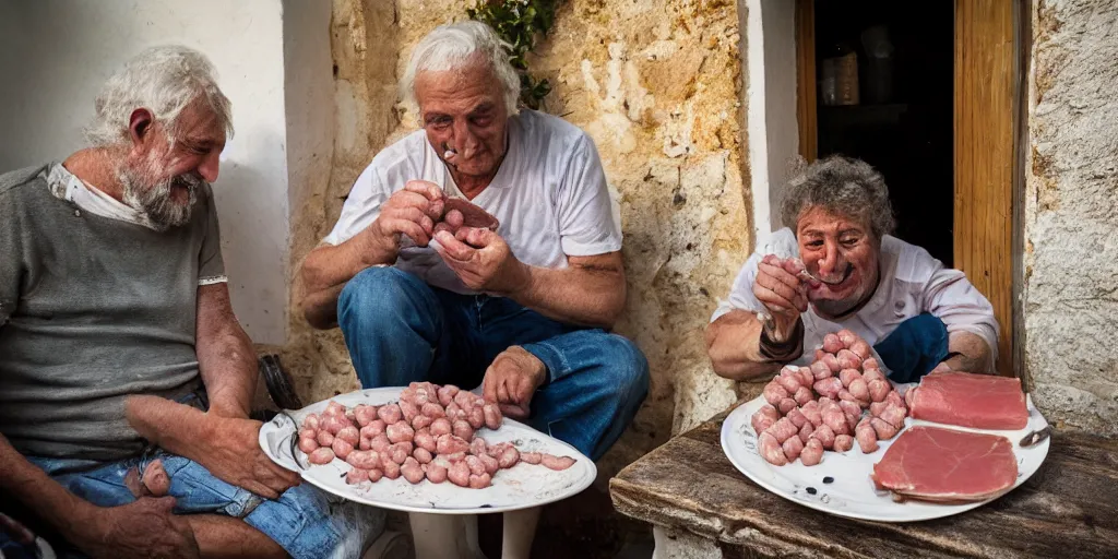 Image similar to cat sharing mortadella with his happy owner at a trullo house, photoreal, 3 5 mm, award winning photography