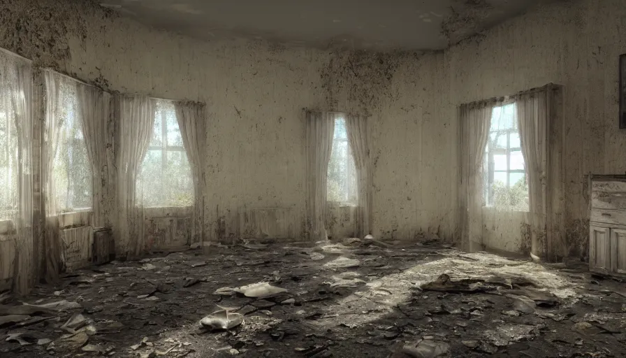 Image similar to abandoned 7 0's manor, dusty furnitures, sunlight through broken dusty windows, curtains floating in the wind, dust particles, old yellowed wallpaper, hyperdetailed, artstation, cgsociety, 8 k