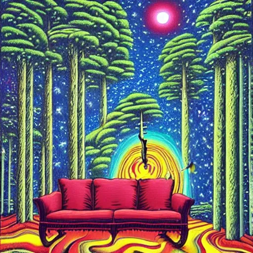 Image similar to psychedelic trippy couch pine forest, planets, milky way, sofa, cartoon by rob gonsalves