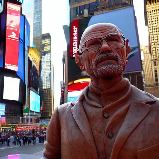 Image similar to extreme long - shot photograph of a renaissance clay sculpture of walter white wearing a phrygian cap in front of times square, made by michelangelo, very detailed, sharp focus, 8 k resolution, ray tracing
