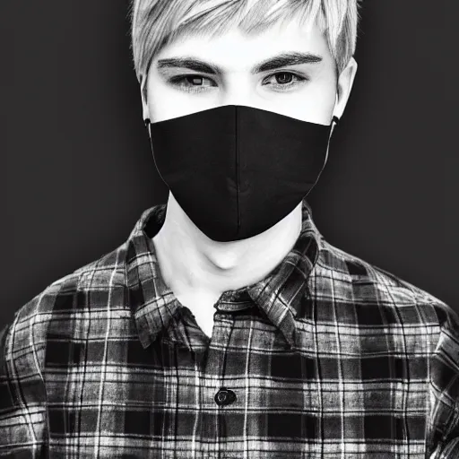 Prompt: professional pencil sketch of a young adult man with short blonde hair wearing a black face mask a black flannel shirt and black sweatpants, high quality, HD, 8K, highly detailed, award-winning