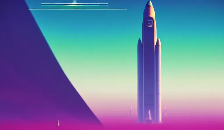 Image similar to a beautiful, minimal. sharp focus, and immaculate overcast futuristic spaceport. vaporwave ombre rendering. outrun style. rocket on the launch pad in the style of a travel poster. trending on artstation. recommended for you behance. by chris moore. by edward hopper. ambient occlusion. digital matte painting. metropolis filmic. gotham city.