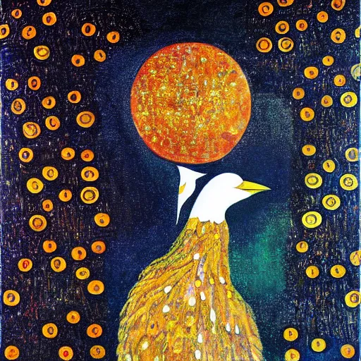 Prompt: a painting of a bird flying in front of a full moon in style of klimt