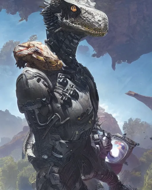 Image similar to trex as an apex legends character digital illustration portrait design by, wayne barlowe detailed, gorgeous lighting, wide angle action dynamic portrait