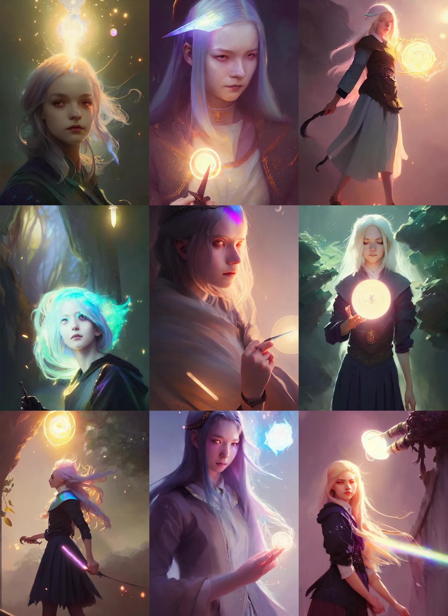 Prompt: female university student witch, light iridescent hair color, magic school uniform, fantasy, intricate, sharp focus, lens flare, bloom, illustration, highly detailed, digital painting, concept art, matte, art by ruan jia and wlop and greg rutkowski, masterpiece