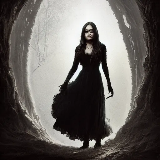 Prompt: portrait of a young mila kunis in a gothic dress, eerie colors, dramatic light, gorgeous view, depth, high detail, digital art, painted by greg rutkowski and seb mckinnon, by tim burton, trending on artstation