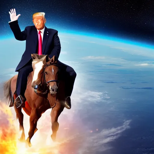 Image similar to donald trump riding a horse in space, hd photo