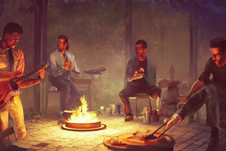 Prompt: three guys in night at the yard speaking while grilling kebabs and one guy playing guitar, evening, volumetric lighting, glowing lights, 4k, octane, digital painting, artstation, concept art, sharp focus, illustration, art by artgerm and greg rutkowski and alphonse mucha