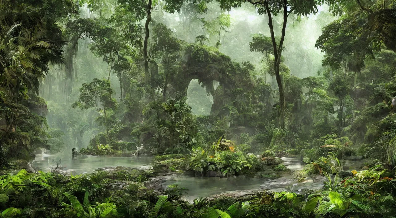 Image similar to a mystic temple at the end of a pathway next to a river in an overgrown rainforest, by roger dean, by syd mead, detailed, realistic shadows, rendered in lumion, matte painting