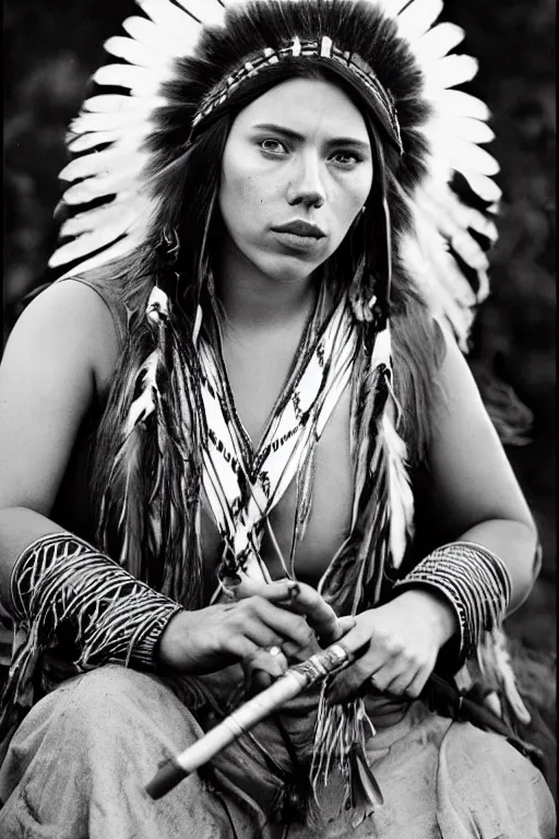 Prompt: photo of a beautiful native american indian woman, scarlett johansson smoking a pipe of peace, portrait, skilled warrior of the apache, ancient, realistic, detailed