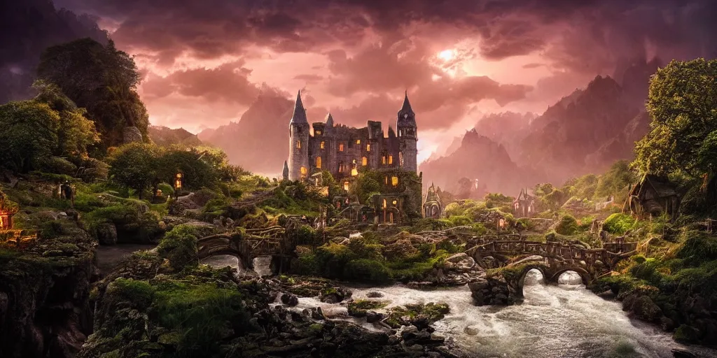 Image similar to beautiful and immersive magical town, magical buildings, bioluminescent forest surrounding, gentle rivers flowing through town, award - winning cinematography - cinematic lighting, dramatic lighting, hdr, 4 k, stunning and beautiful view - unbelievably amazing - highly detailed, hyperrealistic, in the style of lord of the rings and pan's labyrinth