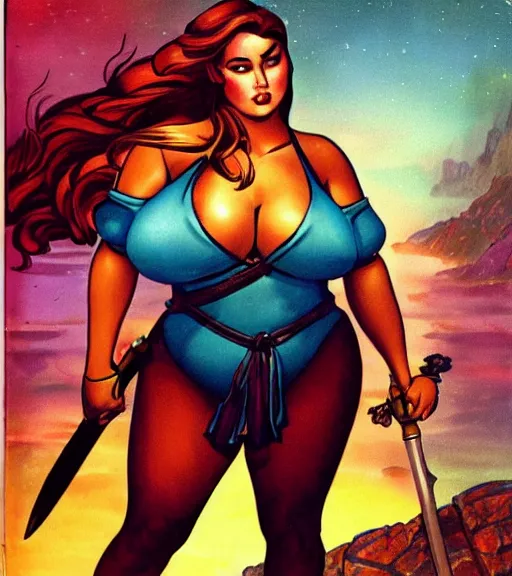 Prompt: 1 9 8 0 s fantasy novel book cover, bbw plus size amazonian ariel winter in extremely tight bikini armor wielding a cartoonishly large sword, exaggerated body features, dark and smoky background, low quality print