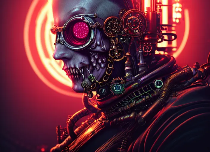 Image similar to an intricately detailed ultra - realistic unreal engine 5 rendering of a portrait of steampunk cyberpunk neon - bordered cyborg zombie dracula, concept art, intricate details, eerie, highly detailed, photorealistic, octane render, 8 k uhd art by kilian eng