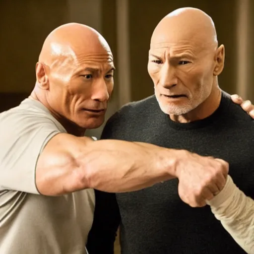 Image similar to film still, dwayne johnson grabbing the throat of patrick stewart in a new netflix psychological thriller movie, wide shot