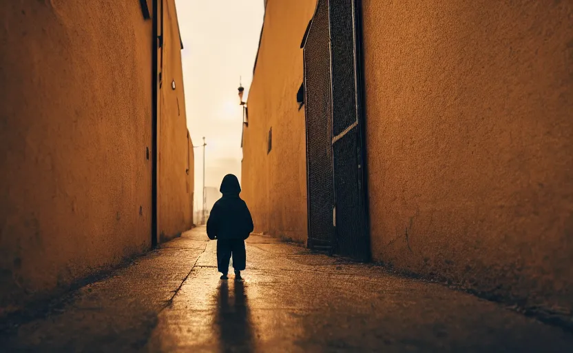 Prompt: A kid wearing a yellow raincoat walking thru a dark alley, red sky, sunset, eerie, scary, cinematic, professional photography