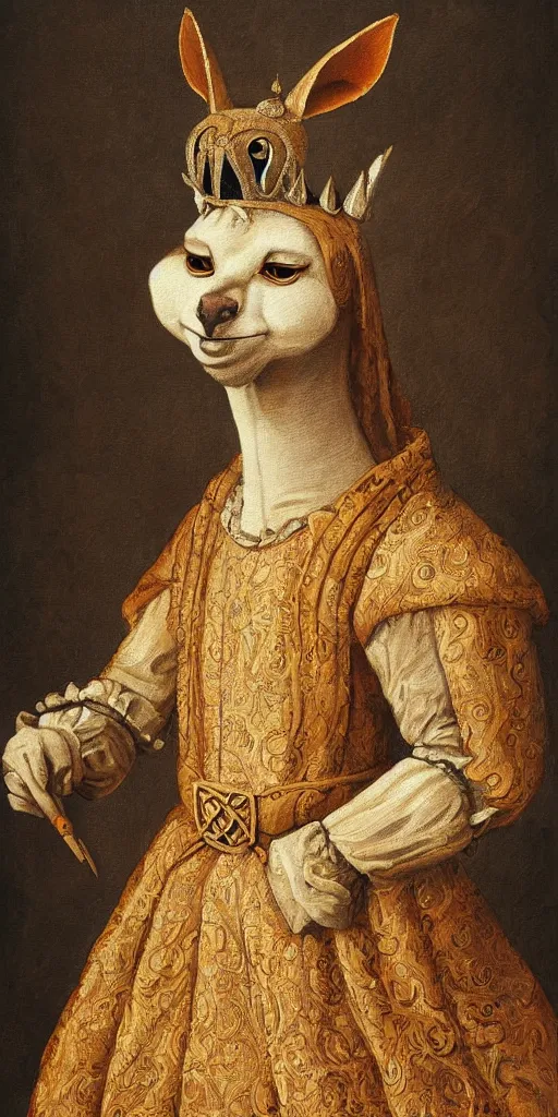 Image similar to anthropomorphic kangaroo in renaissance outfit and crown, painting, canvas, art by eldarzakirov, smooth, sharp focus