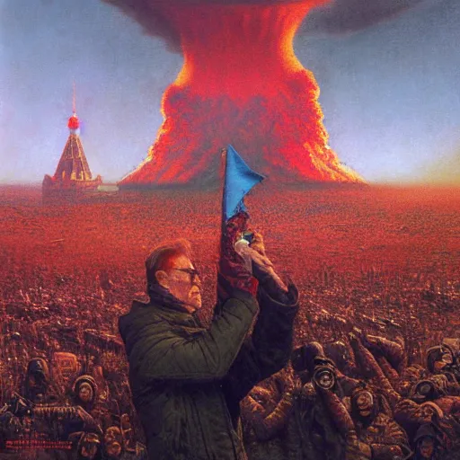 Image similar to the last selfie taken in russia red square, nuclear explosion, russian flag burning, hydrogen bomb explosion, by donato giancola and greg rutkowski and wayne barlow and zdzisław beksinski,