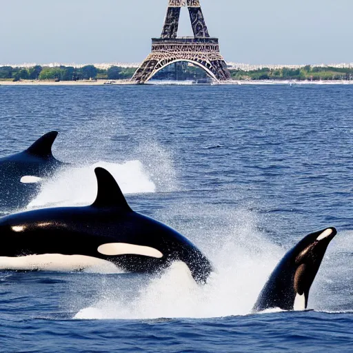 Image similar to orca whales swimming past the Eiffel Tower, 4k