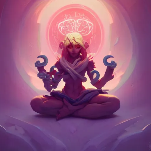 Image similar to a tiny cute demon floating while meditating and wrapped in sacred scrolls, smooth, intricate, elegant, digital painting, artstation, power runes, pulsing energy, concept art, sharp focus, octane render, illustration, art by josan gonzalez, overwatch character,