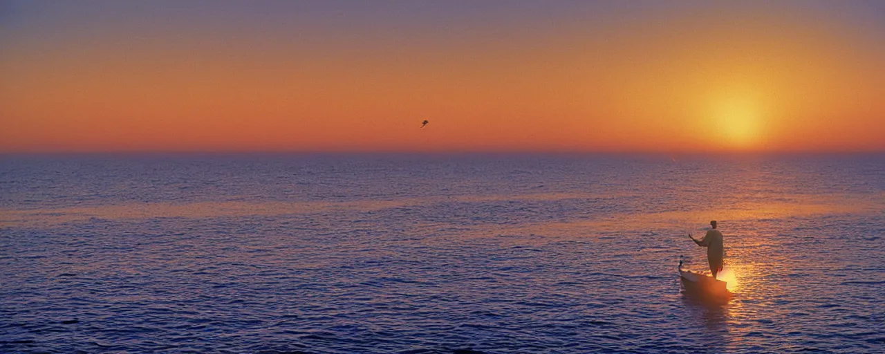 Image similar to fisherman fishing at sea, california, golden hour, hiroshi nagai, ultra long shot