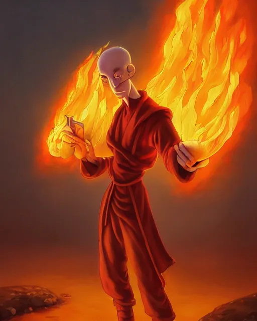 Prompt: [ squidward ] wearing fire nation clothing and practicing firebending outside at susnset, oil painting, highly [ detailed ], intricate, hd, sharp focus, photorealistic, by [ moebius ] and greg rutkowski and thomas kinkade, trending on artstation, trending on cgsociety, realistic shading and lighting, big nose