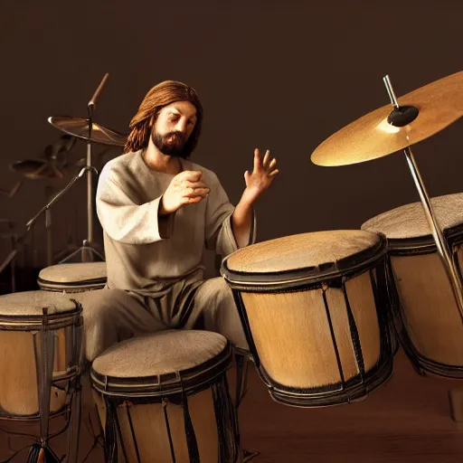 Prompt: a highly detailed realistic photographic render of christ playing drums, realistic, photo realism, hyper realistic, hyper realism, photo realisitc, cinematic render, film, beautifully lit, ray traced, octane 3D render, octane render, unreal engine