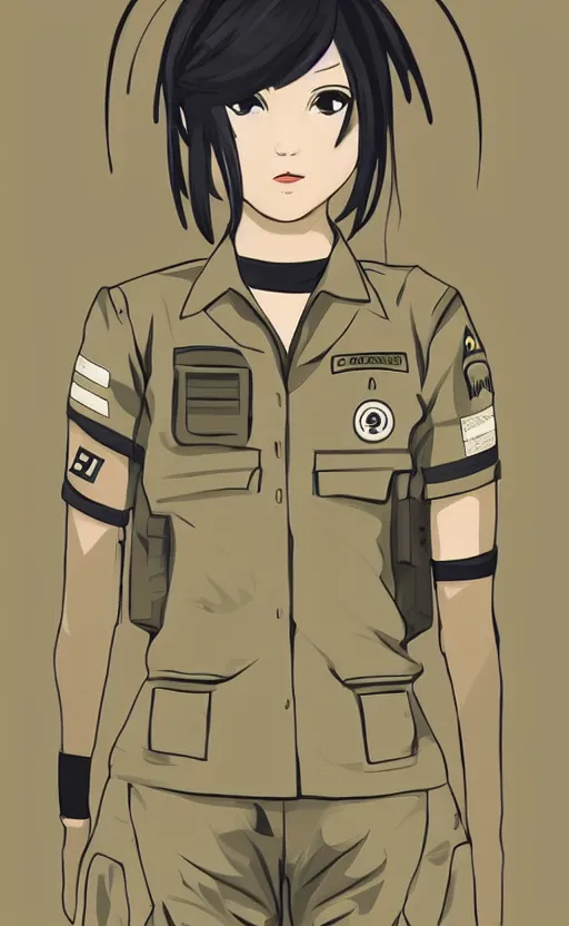 Prompt: T-shirt design, portrait of soldier girl, 2022 anime style, clean logo, graphic templates, flight squadron insignia, no text, soldier clothing, realistic military gear, inspired by shirt producer, made in photoshop, no background, vector line art, by ilya kuvshinov, trending on teemill, symbology, realistic human anatomy, high resolution, matte, empty hands, realistic military carrier, unique