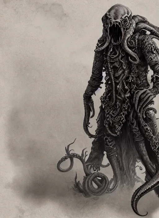 Image similar to detailed full body concept art illustration matte painting of a Cthulhu pirate in full intricate clothing, ultra detailed, digital art, octane render, 4K, dystopian, micro details