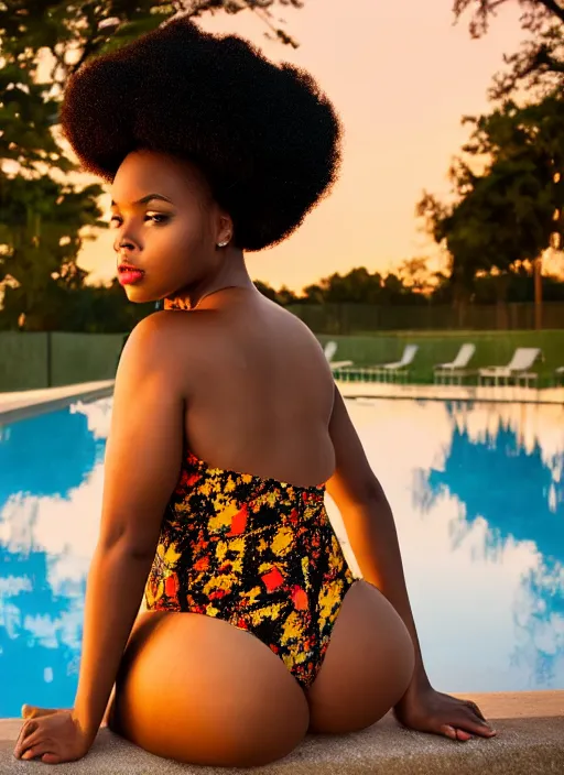 Image similar to a plump afro girl on the edge of the pool in a galographic swimsuit, a swimsuit with a lock on the chest, afro pigtails hairstyle, sunset mood, vogue style,, golden ratio, perfect composition, medium close - up ( mcu ), cannon ef 6 5 mm f / 2. 8 8 k