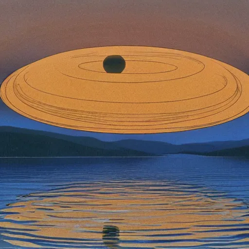 Image similar to a giant metal sphere, addorned with canadian aboriginal patterns!!!!!!!, hovering above a lake in Yukon, Ralph McQuarrie, concept art, dramatic perspective.