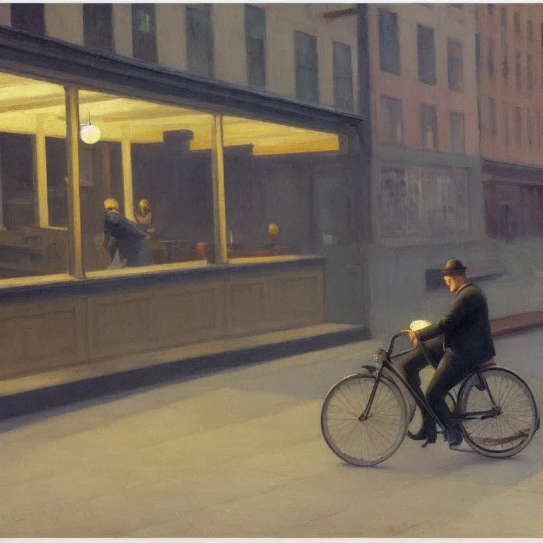 Prompt: a man with a bike resting in quiet town at foggy night, painted by Edward Hopper, oil painting