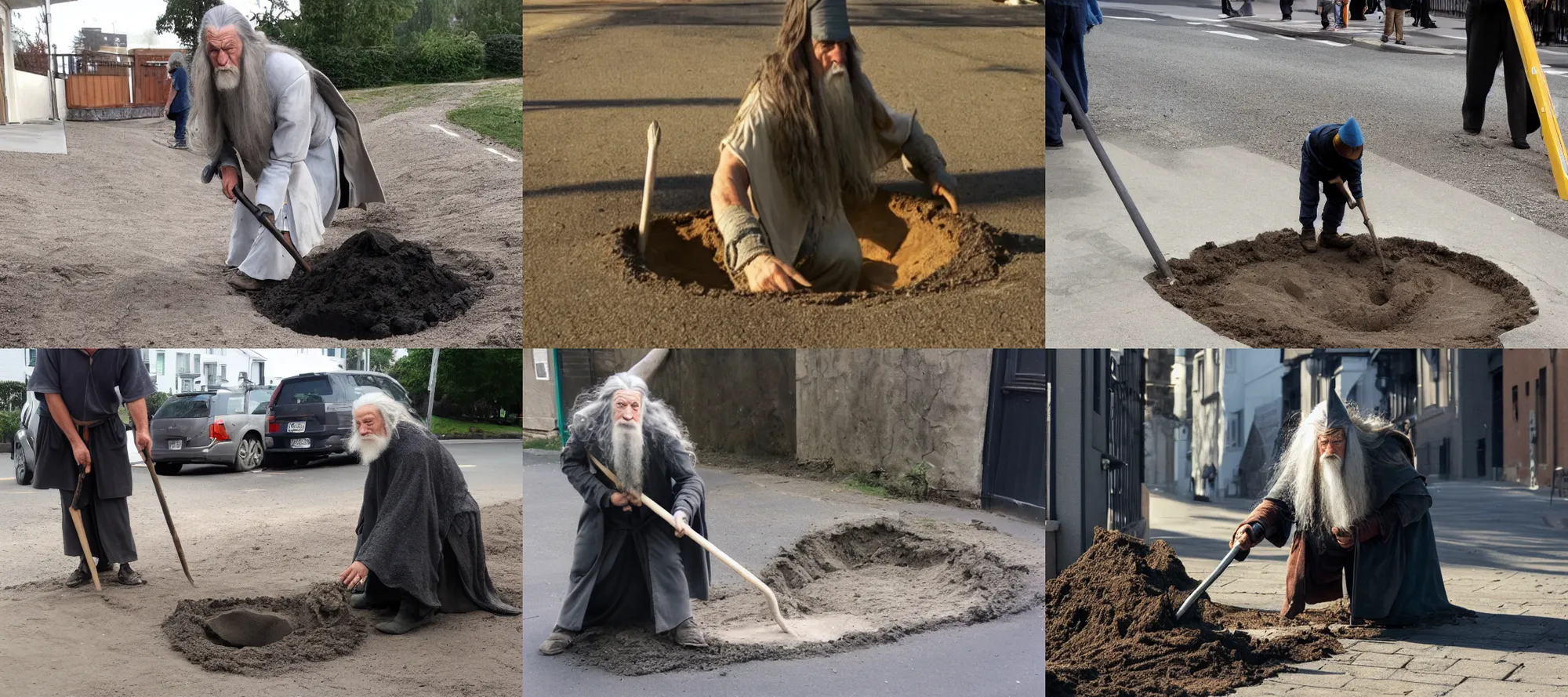 Prompt: gandalf digging a hole in the street