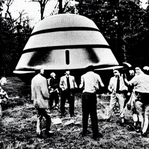 Prompt: old photograph of an alien spaceship landing, aliens getting out and greeting humans