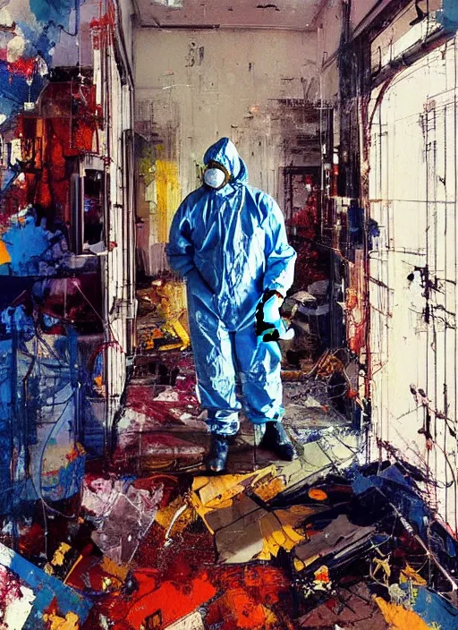 Prompt: an exhausted doctor in a hazmat suit, inside an old Romanian hospital room, gothic, rich deep colors. intricate artwork in the style of Adrian ghenie and James jean, part by Gerhard Richter, highly detailed, very coherent, rich colours