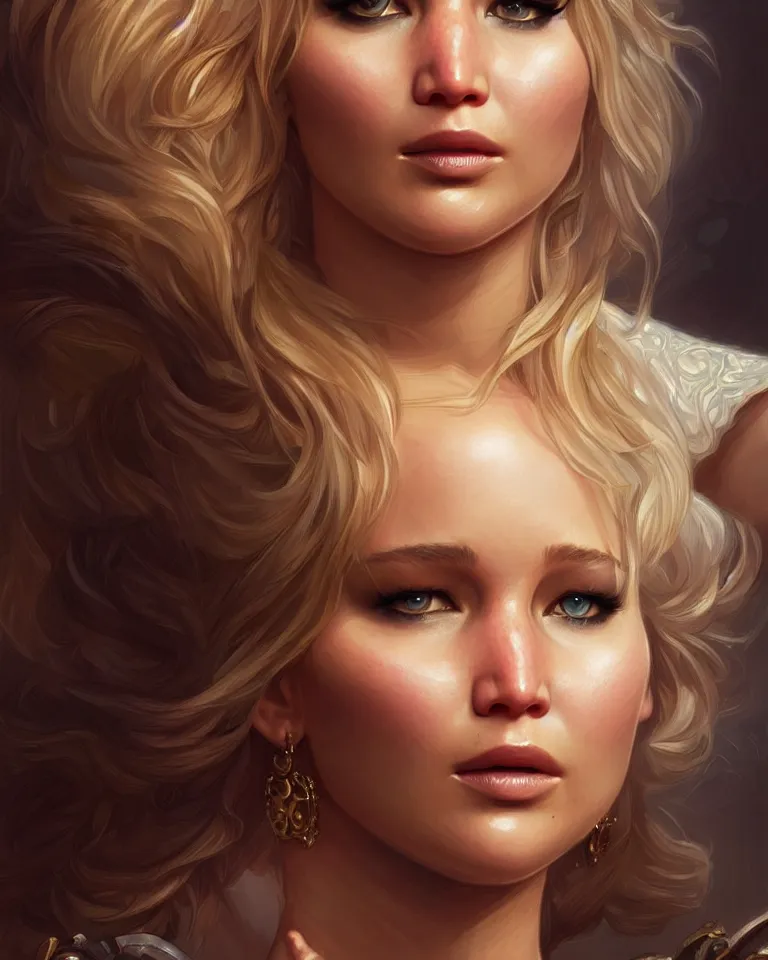 Image similar to Jennifer Lawrence, closeup, D&D, fantasy, intricate, elegant, highly detailed, digital painting, artstation, concept art, matte, sharp focus, illustration, hearthstone, art by Artgerm and Greg Rutkowski and Alphonse Mucha