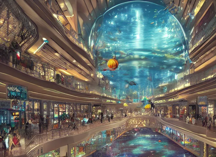 Prompt: multi-level shopping mall in a bustling beautiful city on the ocean floor inside a glass dome at night, anime, fountain, statue, underwater, rapture, fish flying over head, godrays, a fantasy digital painting by Makoto Shinkai, trending on Artstation, highly detailed