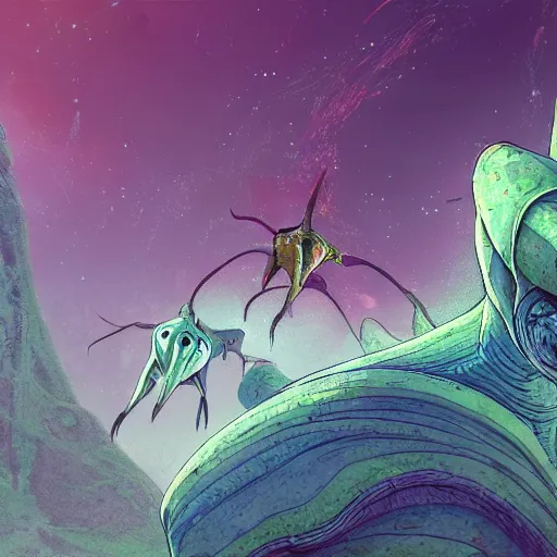 Image similar to concept art painting of alien creatures, detailed, cel shaded, in the style of makoto shinkai and moebius and james gurney