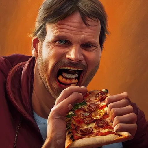 Image similar to portrait of Bill Paxton opening his mouth to eat pizza, highly detailed, digital painting, artstation, concept art, sharp focus, illustration, art by artgerm and greg rutkowski and alphonse mucha