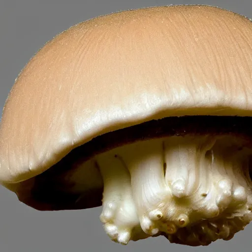 Prompt: beautiful roud mushroom cap, bottom view, luminous lamellae are clearly visible, no stipe, black background, d&d, epic composition