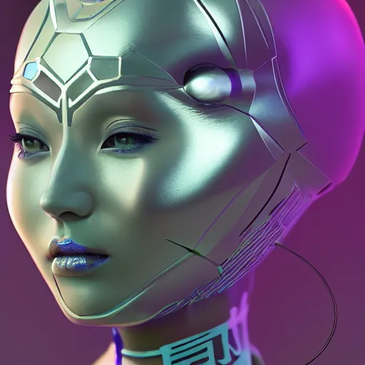 Image similar to portrait of an alien cyborg princess, style of Feng Zhu, Artstation geometric, aesthetic, smooth skin, unique features, symmetrical, intricate crown, high fashion, streetwear, cyberpunk, surreal, bold, detailed, octane render, cinematic, 8k, wires, purple skin,