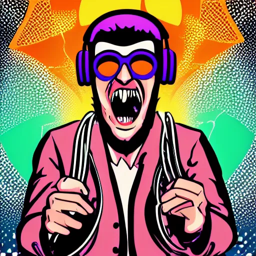 Image similar to svg vector sticker of absolutely insane-mad-scientist-villain, rocking out, wearing headphones, huge speakers, dancing, rave, DJ, spinning records, digital art, amazing composition, rule-of-thirds, award-winning, trending on artstation, featured on deviantart